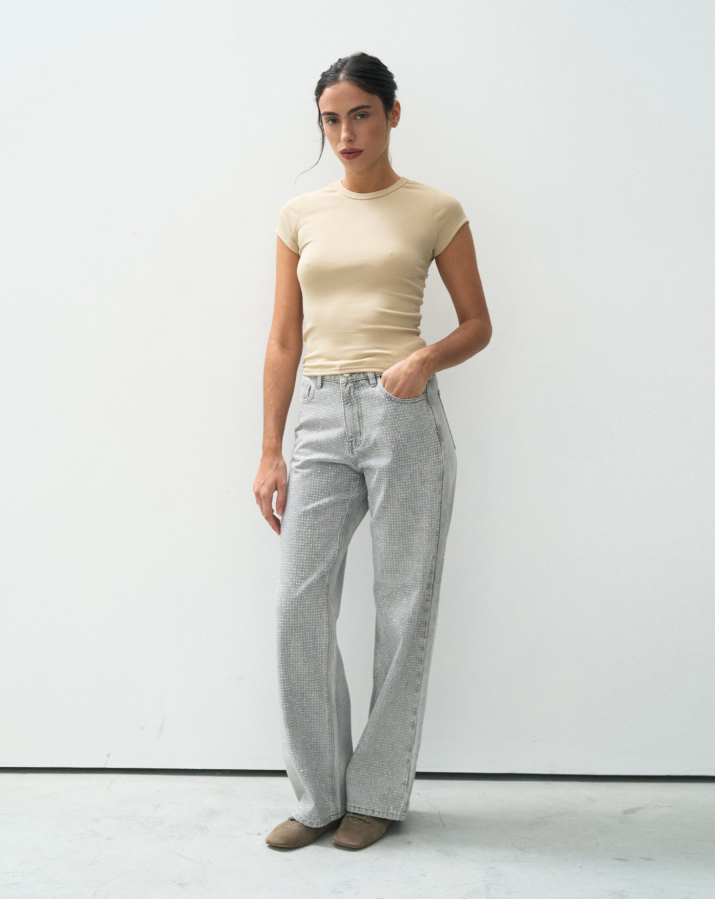 WIDE LEG FULL STRASS GRIS - T810GRIS