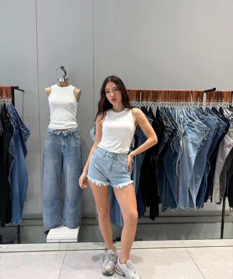 SHORT DESFLECADO CELESTE FULL STRASS - TH15CELESTE
