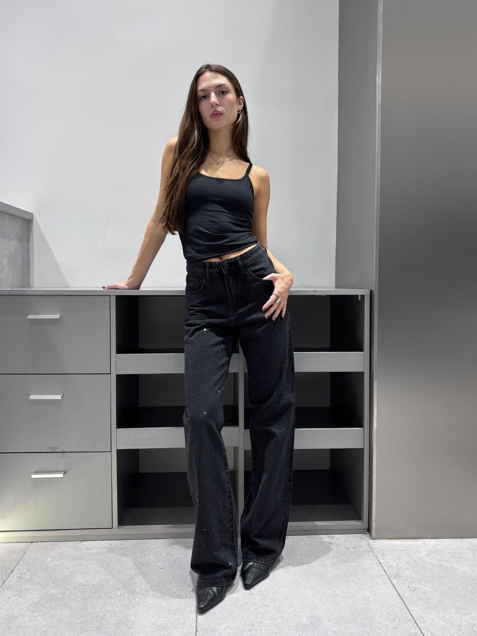WIDE LEG NEGRO FULL STRASS - TH810