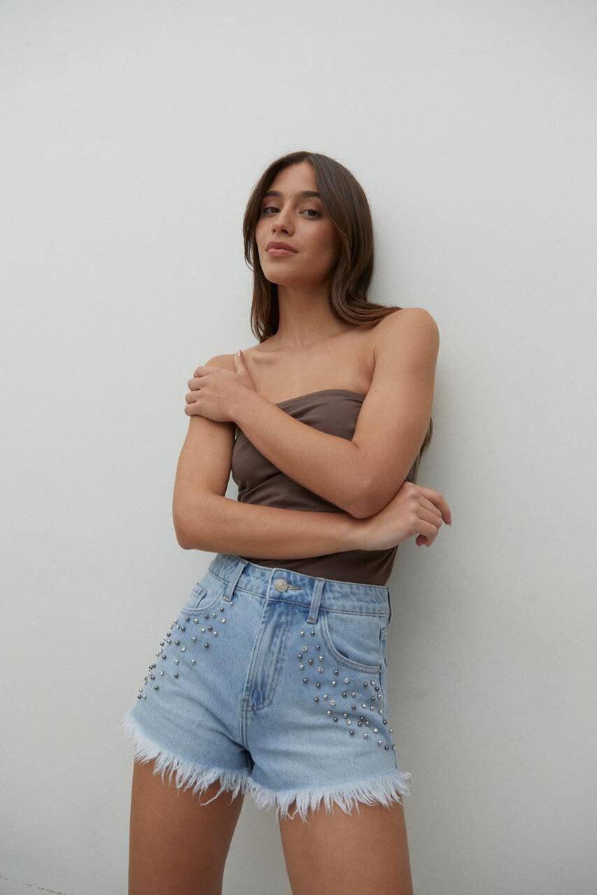 SHORT CELESTE DESFLECADO PERLAS - TW3